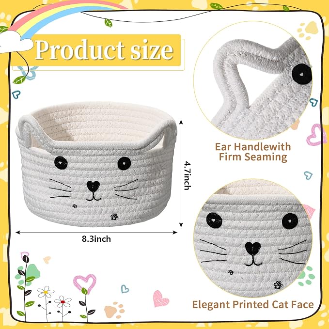 Zopeal Cat Woven Gift Basket, 8.3 x 4.7 Inch, white | Cute Cotton Rope Organizer with Handles for Toy Box, Nursery Decor, Decorative Bin, Pet Supplies Holder, Desk Storage