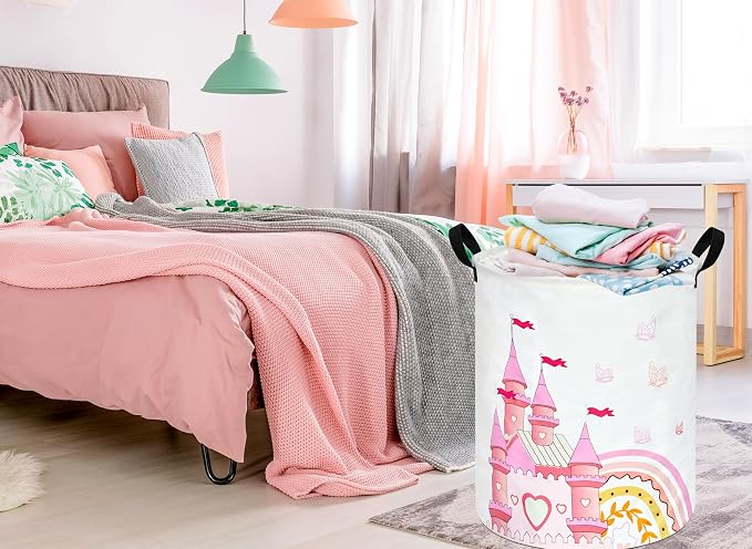 MAIZMZ Pink Castle Storage Bins Organizer Toy Box Laundry Basket Large Canvas Collapsible Chest for Home/Dorm/Kitchen/Pet/Office/Closet/Shelf/Gift Baskets
