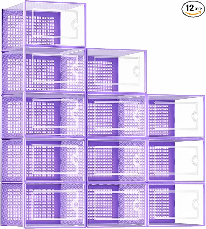 Kuject Large Shoe Organizers Storage Boxes for Closet, 12 Pack Clear Plastic Stackable Storage Bins with Lids, Under Bed Shoe Containers for Entryway, Drop Front, Fit up to Women's Size 10,Purple