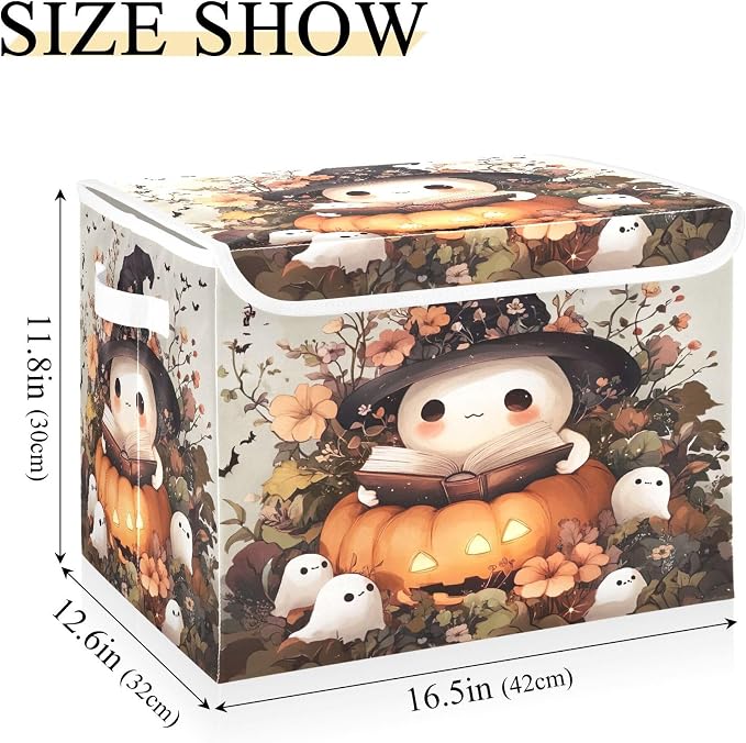 Ghost Wearing Witch Hat Storage Bins with Lids and Carrying Handle,Foldable Storage Boxes Organizer Containers Baskets Cube with Cover for Home Bedroom Closet Office