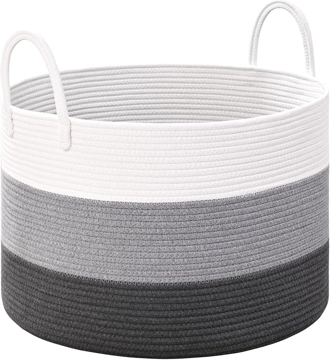 67L Large Woven Blanket Basket, Cotton Rope Baby Laundry Hamper with Handles, Kids Toy Basket for Classroom & Nursery, Soft Round Stuffed Animal Storage, Dog Toy Bin - 20"x13", Gray