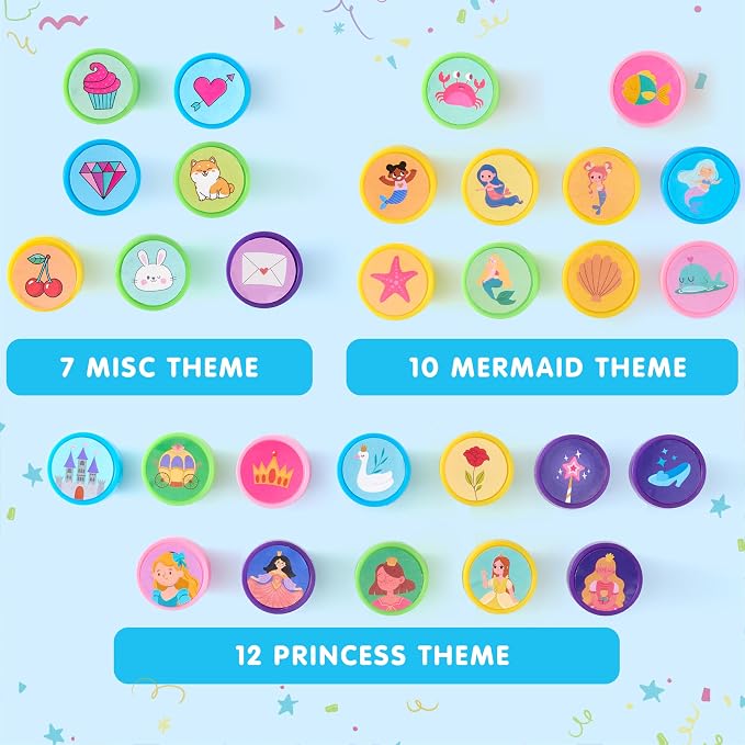 JOYIN 50 Pcs FairyTale's Themed Stamps for Kids - Self-Ink Stamps with 50 Designs for Birthday Party Favor, Carnival Prizes, Goodie Bag, School Treasure Box Toys (Mermaid, Princess, Unicorn Stampers)