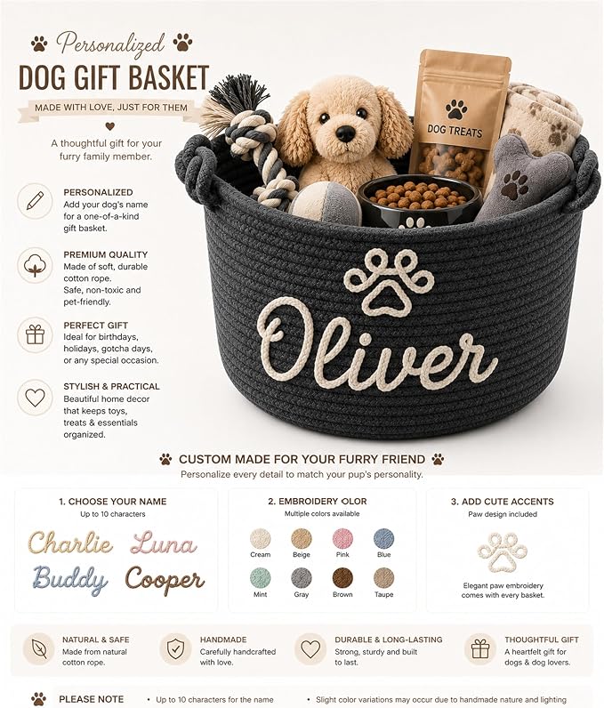 JUPPE Pet Dog Basket with Personalized Name, Dog Toys Storage Organizer Custom Cotton Rope Basket Nursery Decor (Pet Basket)