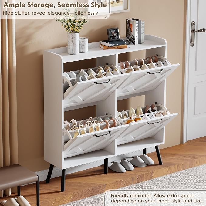 Shoe Cabinet with 4 Flip Drawers, Freestanding Shoe Organizer Cabinet with Metal Legs, Farmhouse Slim Shoe Rack Cabinet for Entryway, Foyer, Hallway, White