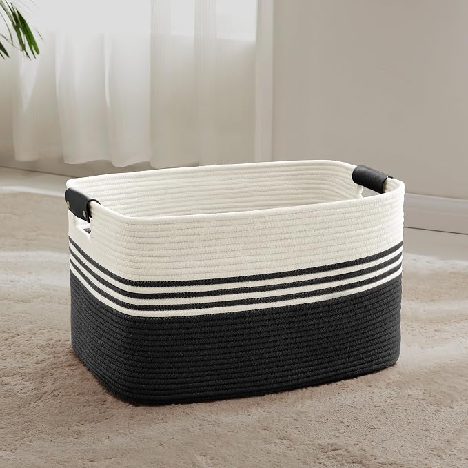 60L Woven Laundry Basket Hamper with Leather Handles,Black | collapsible wicker hamper, storage for dirty clothes, toys, blankets, gifts, living room, bedroom, bathroom, 21"x15"x11"