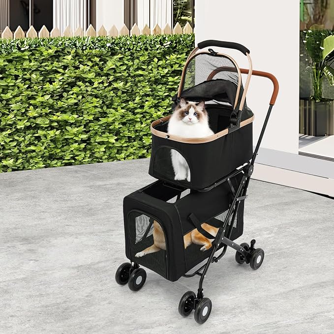 Pet Stroller, Portable Double Pet Stroller Cart with 4 Wheels, Heavy Duty Foldable Dog Cat Supplies, Multifunctional Carrying Storage Cat for Traveling with Pets, Shopping (Black)