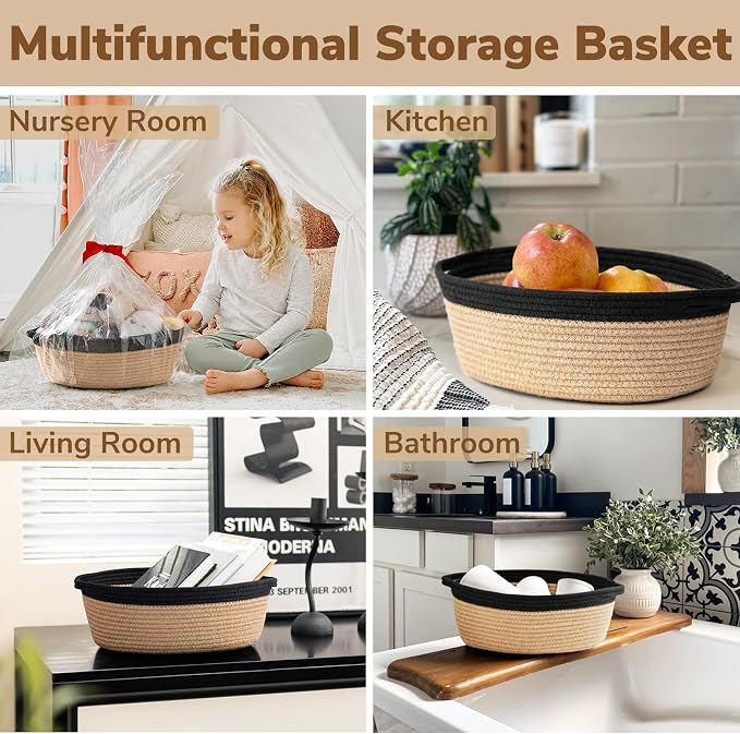 Goodpick Small Woven Rope Gift Basket Empty, 12" x 8" x 5", Jute and Black | Baby Basket for Baby Showers Toys, Fits Living Room Nursery Bedroom Organization, Dog Toy Storage, with Durable Handles