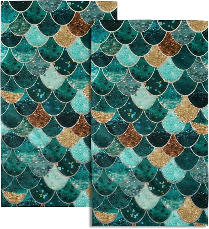 Giwawa Mermaid Hand Towels Set of 2, Teal Golden Fish Scale Turquoise Larger Towel, Summer Aqua Gold Brown Bath Tea Bar Fast Drying for Home Bathroom Kitchen Hotel Spa Decor Green Gold Mermaid