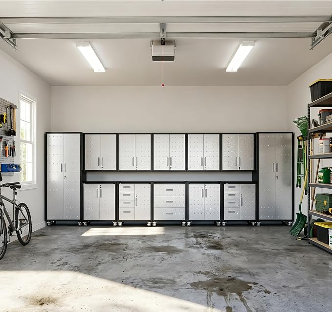 12-Piece Heavy Duty Steel Garage Cabinet System | All-in-One Modular Garage Cabinet Set for Ultimate Workshop Organization | Easy Assembly Garage Storage Cabinets & Tool Bench