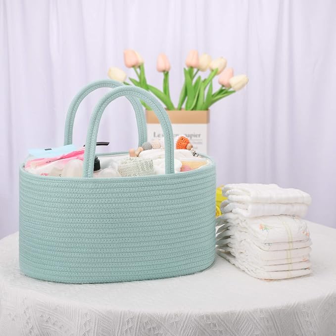 COMSE Baby Diaper Caddy Organizer with Handles, Cotton Rope, Light Green