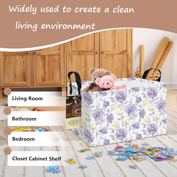 Rectangle Foldable Storage Basket Handles For Home, Purple Flowers | Waterproof canvas material, reinforced handles, perfect for shelf use, organizes clothes, daily items and pet supplies