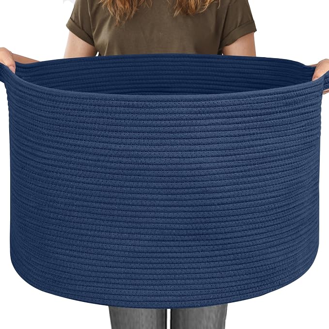 115L Dark Blue Basket for Organizing, 23.6" x 15.7" XXXL Woven Cotton Rope Laundry Basket, Oversized Blanket Storage for Living Room Bedroom, Kids Toy Box Organizer, Pool Towel Storage Bin