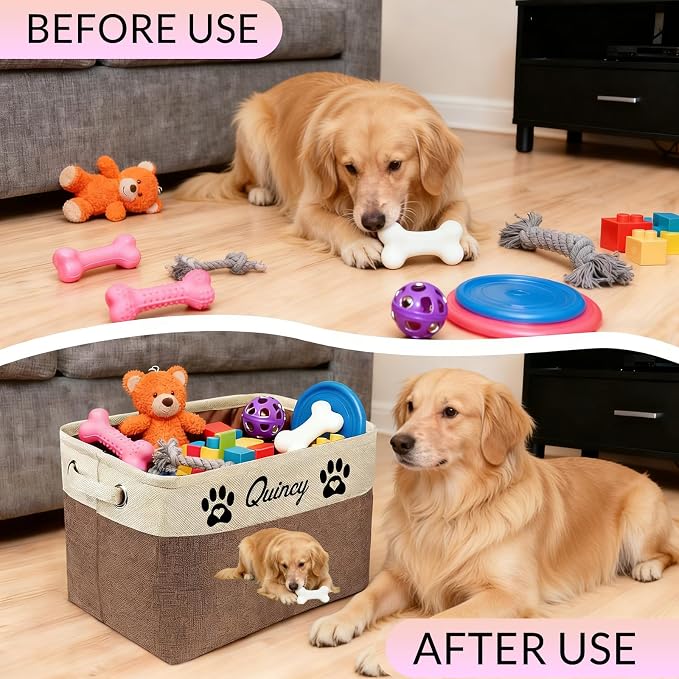 Personalized Dog Toy Basket Collapsible Storage Organizer Bin with Custom Pet Name Photo Foldable Canvas Box for Toys, Treats, Leash, Clothes Blankets Portable Handle Design