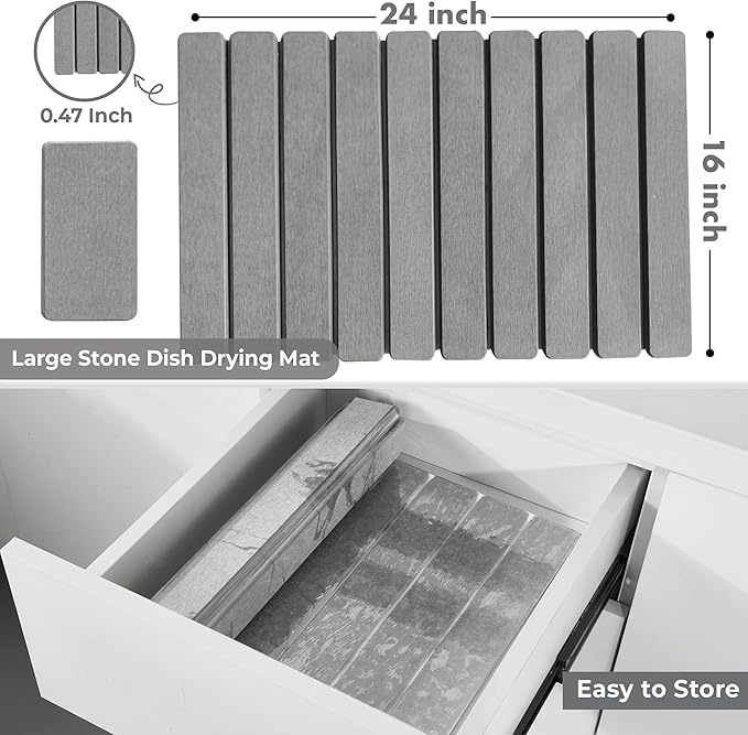 Large Stone Dish Drying Mat for Kitchen Counter,Natural Quick Dry Stone Dishes Mats,Foldable Water Absorbing Diatomaceous Earth Drying Organizer Pad for Kitchen Utensils(Light Gray 24"×16" & 8"x4")