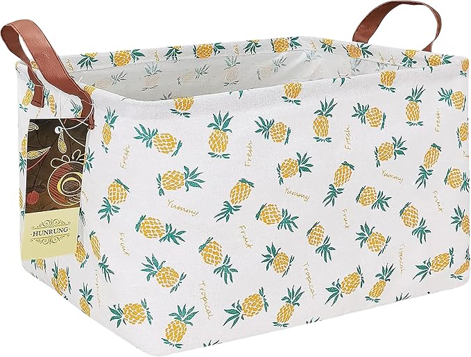 Rectangle Foldable Storage Basket Handles For Home, Pineapple | Waterproof canvas material, reinforced handles, perfect for shelf use, organizes clothes, daily items and pet supplies