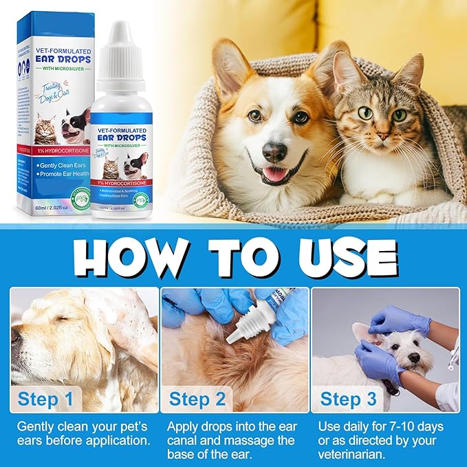 Dog Ear Infection Treatment Drops, with 1% Hydrocortisone, Ear Yeast Infection Treatment for Dogs and Cats, Dog Ear Drops for Yeast Infection, Dog Ear Infection Drops for Itchy Ear Relief