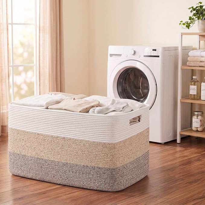OIAHOMY 108L Super Large Blanket Basket, 25”x16”x16”(108L) Rectangle Woven Baskets for Storage, Cotton Rope Basket For Living Room, Toy Storage with Handle- Gradient Brown