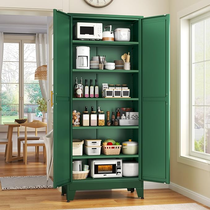 GAIOUS 75.2" Tall Kitchen Food Pantry, Metal Pantry Cabinet with 2 Door | and 5 Adjustable Shelves, Green Laundry Room Cabinets, Freestanding Pantry for Kitchen, Study Room, Dining Room and Entryway