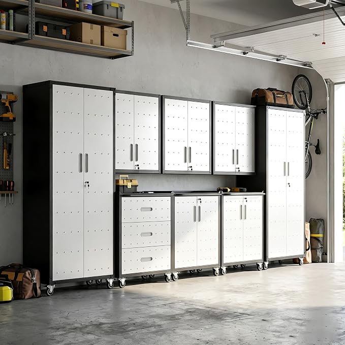 Garage Cabinet System | Heavy Duty Steel All-in-One Modular Garage Cabinet Set for Ultimate Workshop Organization | Easy Assembly Garage Storage Cabinets & Tool Bench
