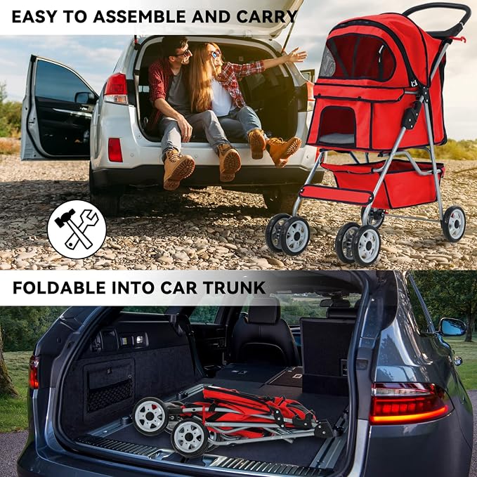 4 Wheels Pet Stroller, Ideal for Small to Medium Pets. Features a Folding Design, Waterproof Construction, Cup Holder, and Removable Liner. Perfect for Jogging or Traveling with Your Pets (Red)