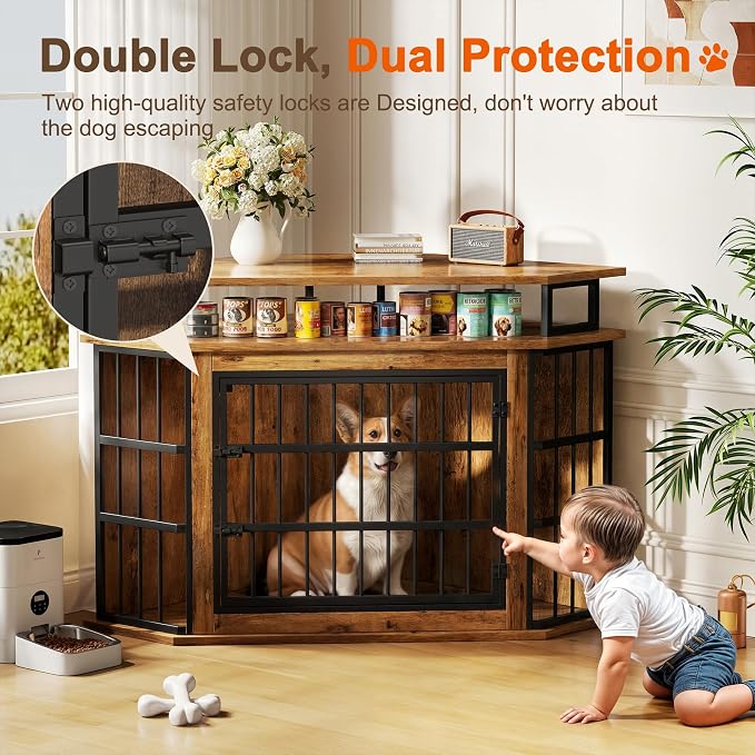 51" Corner Dog Crate Furniture Large Wooden Dog Kennel Indoor Dog House | With 2-Tier Shelves, Large Storage Space, Space-Saving Design, Multi-functional Pet House, Sturdy & Secure, Easy Assembly