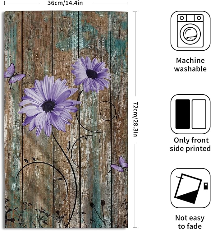 Giwawa Rustic Barn Sunflower Wooden Hand Towel 15x30 Set of 2, Fall Purple Daisy Flower Plank Fingertip Towel Retro Board Face Towel Country Barnwood Washcloth for Bathroom Farmhouse Log Cabin