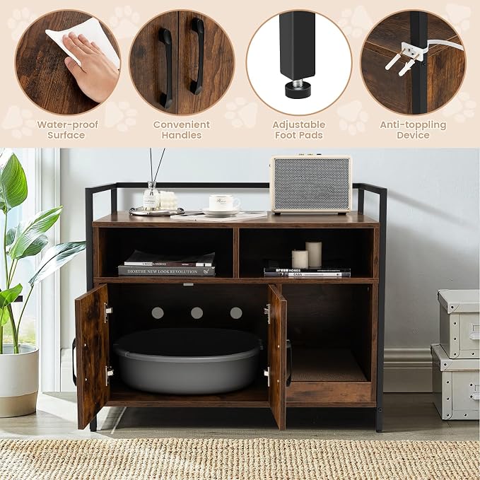 GIANTEX Cat Litter Box Enclosure, Hidden Cat Cabinet Furniture, Dog-Proof | Scratch Pad, Front Entry, Double Doors, 2-Compartment Storage, Wooden Pet House Washroom End Side Table for Living Room