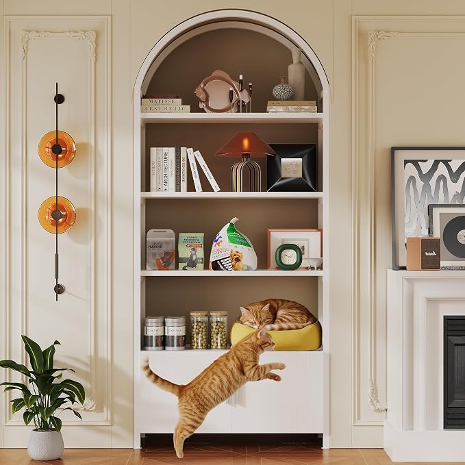 Kepptory Arched Cat Storage Shelf, 5-Tier Cat Tower Display Rack with Cabinet
