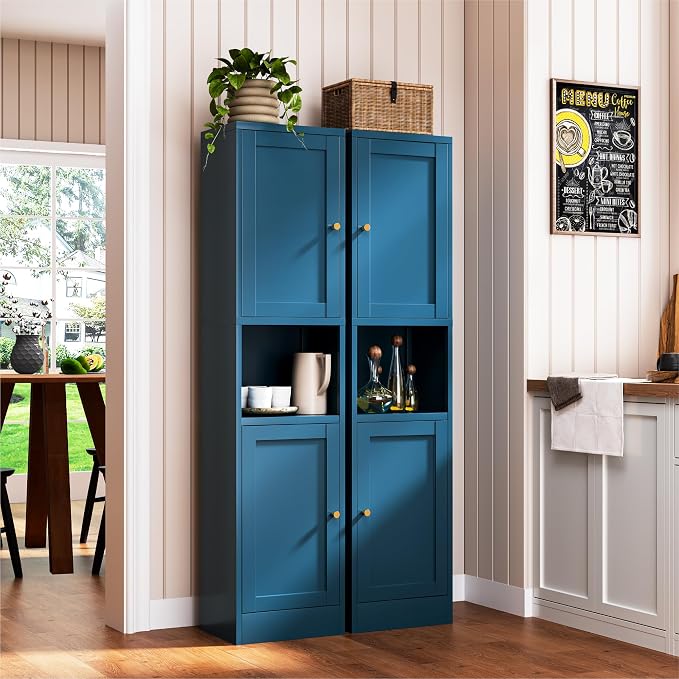 YAUWOH 2-Door Metal Storage Cabinet, Tall Slim Pantry Organizer with 3 Adjustable Shelves (120LBS/Shelf), Anti-Tipping Waterproof Cabinet for Bathroom/Kitchen/Home Office/Small Spaces,(1PC,Blue)