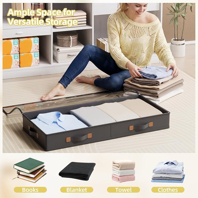 FHSQX Under Bed Storage Container 3 Inches Low Profile Under-bed Organizer Bins Slim Under Couch Storage Box Ideal For Seasonal Clothes Blankets Towel Fabric (1, Black, 31.5 * 17 * 3in)