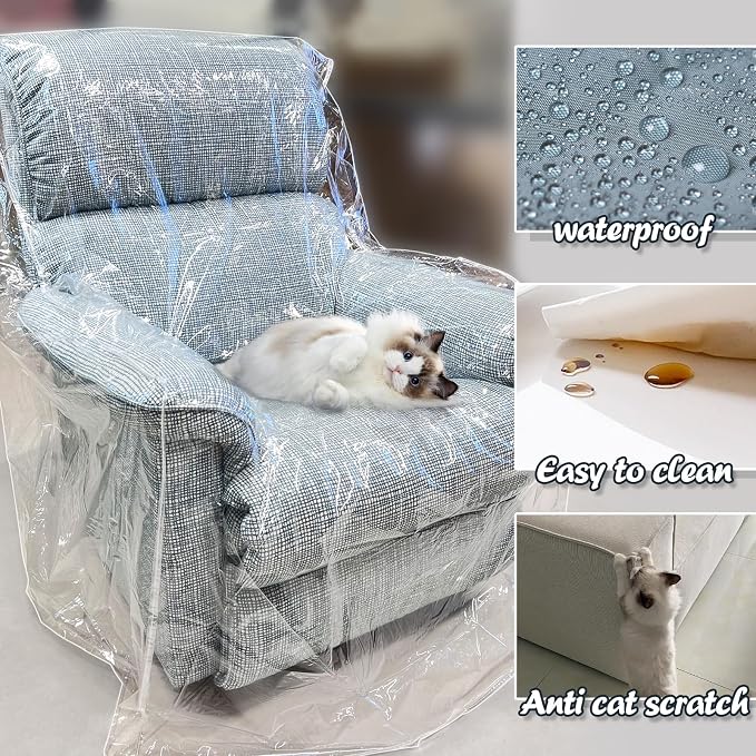 Swanna Plastic Recliner Furniture Cover – Clear Moving Bag for Couch, Heavy Duty Waterproof Cover Pets | Cat Scratching Protector,Plastic Chair Cover 42" BH x 25" AH x 36”W x 40”D (Armchair-1 Pack)