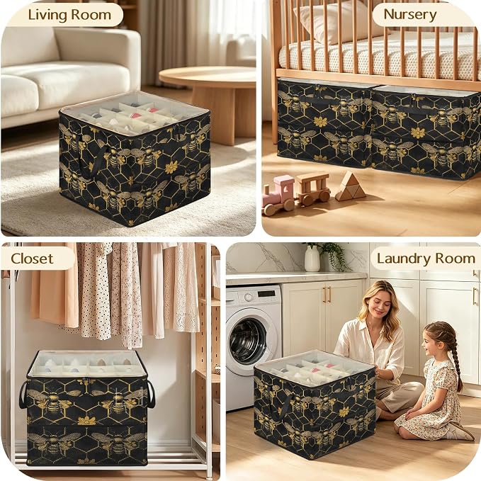 TropicalLife Vintage Bee Honeycomb Shoe Organizer for Closet | Golden Flower Foldable Shoe Storage Organizer Box Bin with Adjustable Dividers and Clear Cover, Fits up to 16-32 Pairs