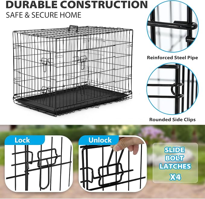 BestPet | 42" Dog Crate | Black | Foldable Metal Kennel with Single Doors, Secure Slide-Bolt Latches, Leakproof Tray | Portable Dog Cage for Large Breeds | for Travel, Indoor & Outdoor Use