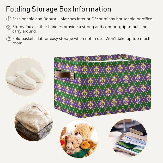 Happy Mardi Gras Green Purple Storage Basket with Waterproof Liner and PU Handles Fleur de Lis Buffalo Plaid Storage Bins Boxes 14.2" Collapsible Decorative Organizer Baskets for Bedroom Office 2 Pack