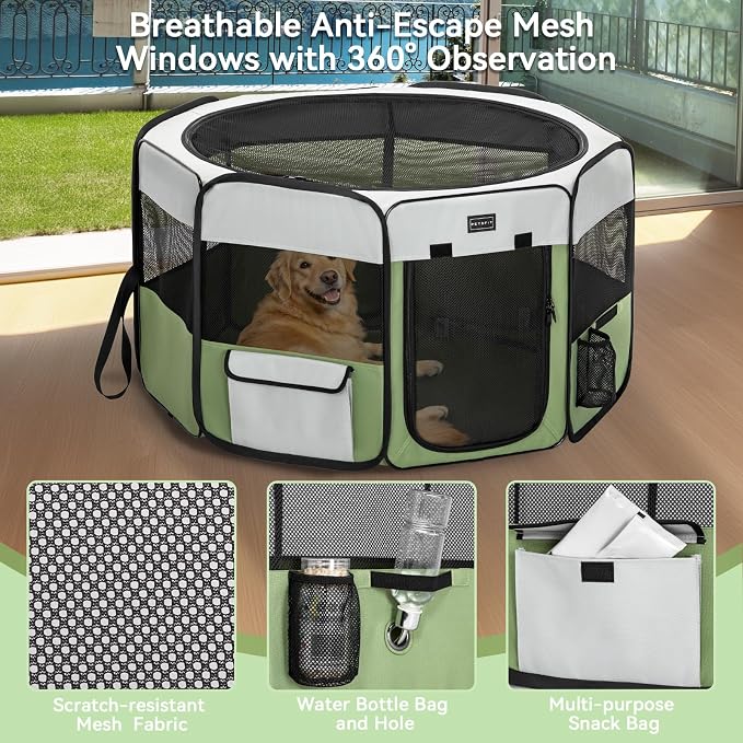 PETSFIT Portable Dog Playpen 45", Removable Waterproof Mat, Zippered Roof | Jump-proof, Collapsible Storage, RV Camping Travel, Indoor Outdoor Use, Large Dogs and Cats, 45.5"L x 45.5"W x 28.5"H