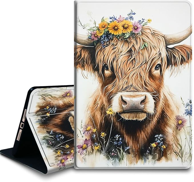 Bxgolkgd Tablet Case for Samsung Galaxy Tab A 10.1 Inch 2019(SM-T510/T515/T517),Shockproof Stand Cover with Heat Dissipation,Auto Wake/Sleep Function,Highland Cow Flower