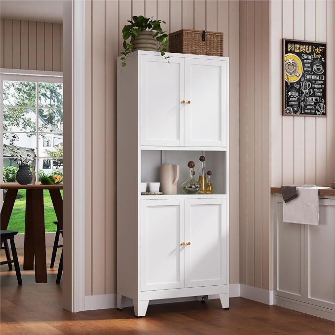 YAUWOH 69" Tall Metal Kitchen Pantry Cabinet with Microwave Shelf, 4 Doors & 3 Adjustable Shelves, Heavy Duty Food Storage Cabinet with Anti-Tip Design for Kitchen,Dining Room (1PC,White)