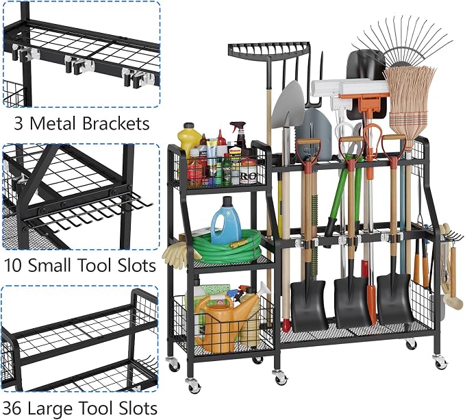 keomaisyto Heavy-Duty Garden Tool Organizer with 6 Wheels and 2 Baskets | 3 Lockable Casters, Large Metal Yard Tool organizer, Garage Tool Organization and Storage for Shed/Yard/Broom Closet/Lawn
