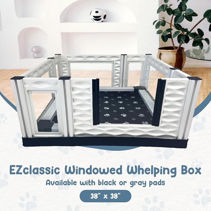 EZclassic 38x38x18 in Whelping Box, Windowed Walls & Rails, Gray | 38x38 padded whelping box with windowed walls, puppy safety rails, waterproof gray pad, and sturdy portable build