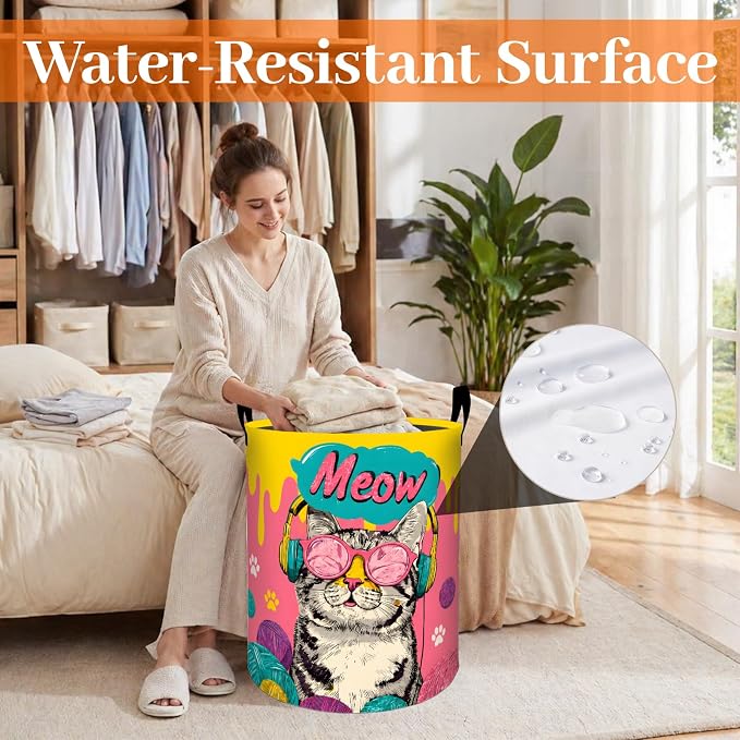 Cool Cat Laundry Basket, Colorful Pop Art Oxford Cloth Dirty Clothes Collapsible Hamper for Room Decor, Pet Lovers Gifts, Toy Organizer 19.7 x 15.7 Inches for Bedroom Bathroom Dorm
