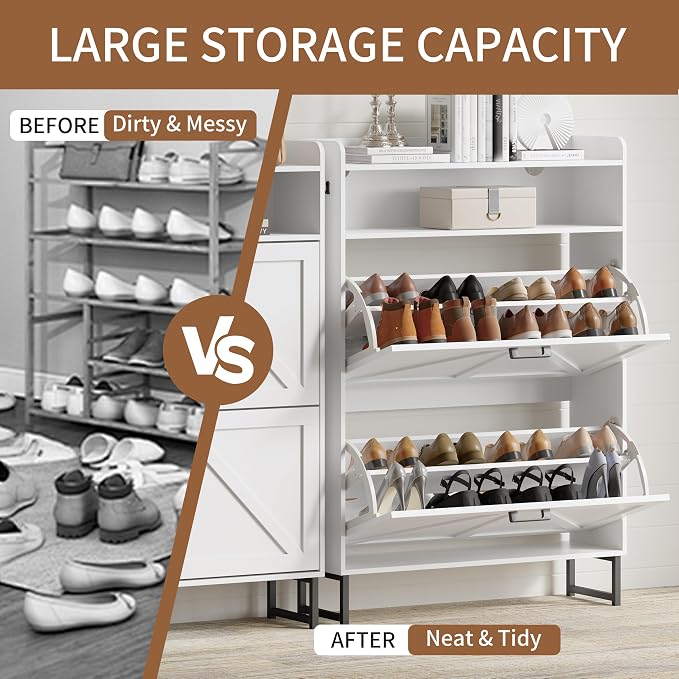 Xixini Shoe Storage Cabinet with 2 Flip Drawers, Entryway Shoe Rack, White | Freestanding Narrow Shoe Storage, Hidden Slim Wood Shoe Organizer, Modern Farmhouse, Open Storage & Hooks for Closet, Hallway