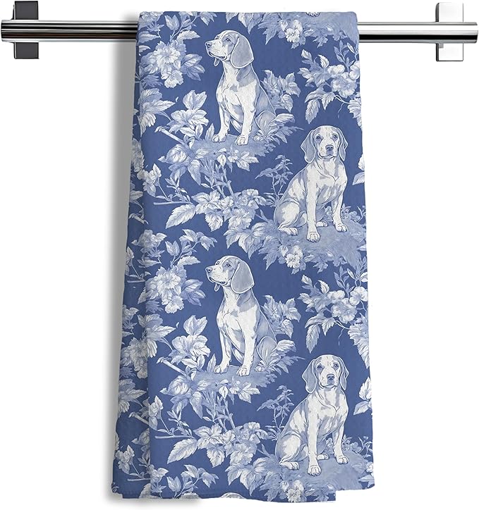 Chinoiserie Floral Beagle Decor Kitchen Towels, Blue and White Floral Beagle Decorative Dish Tea Towels,Grandmillennial Dog Hand Towels for Kitchen Bathroom, Beagle Gifts，16x24 Inch