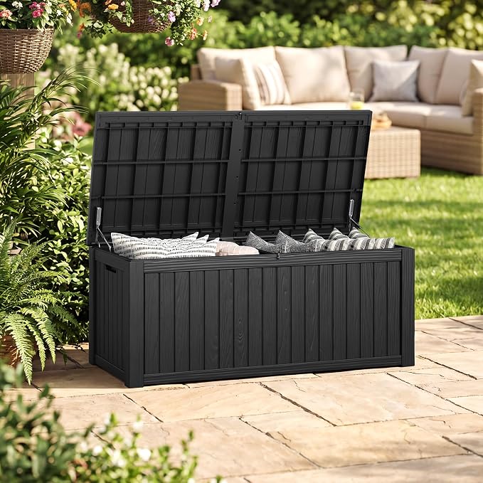 230 Gallon Outdoor Storage Box Waterproof Deck Box for Patio | Black, Resin, Large, Weatherproof, Divider, Lockable, Hydraulic Rod, Easy Assembly, Patio Cushions Storage, Organization
