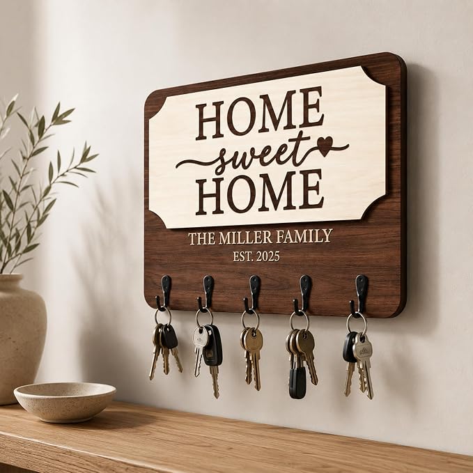 Personalized Key Holder Wall Mount, Custom Wooden Key Hanger with Family Name & Year, Rustic Home Sweet Home Keychain Holder for Wall, Entryway Keys Hook Rack, Housewarming Gifts, Hallways Décor