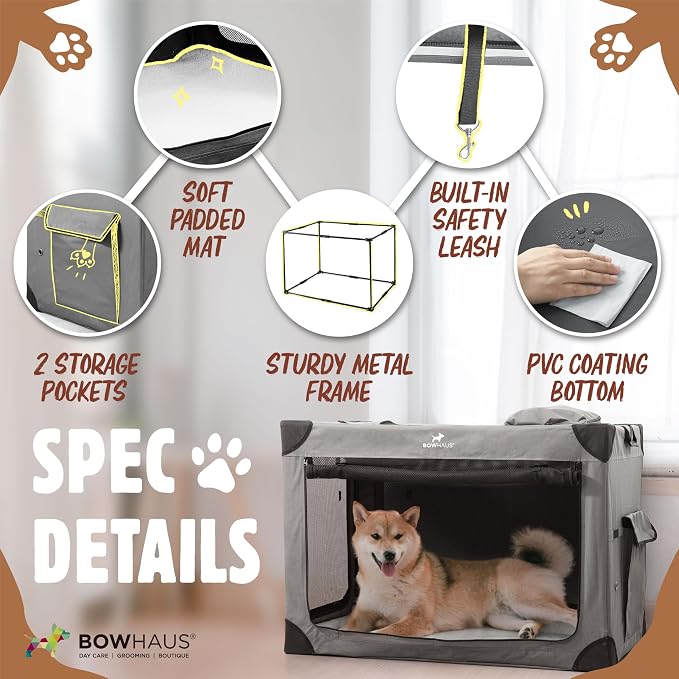 BOWHAUS 42 Inch Portable Travel Dog Kennel for Large Dogs with Durable Mesh Windows and 2 Storage Pockets, Indoor & Outdoor for Car, Soft-Sided Collapsible Dog Crate with 4 Breathable Mesh Door