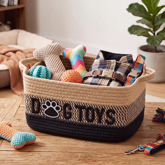Large Dog Toy Basket with Handle, Quality Cotton Rope Dog Toy Bin | 17"x13"x7" Woven Baskets for Organizing, Large Pet Toy Storage Organizer for Accessories Coat Clothing Blanket Leash