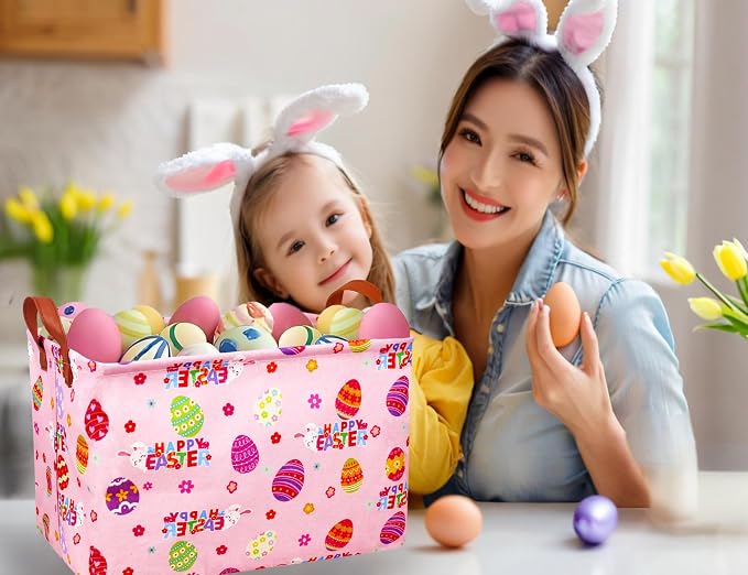 Large Rectangular Easter Baskets Empty Waterproof Boy Toy Box Foldable Kid's Gifts Storage Bin Spring Room Decor(HAPPY Pink Rabbit Egg)