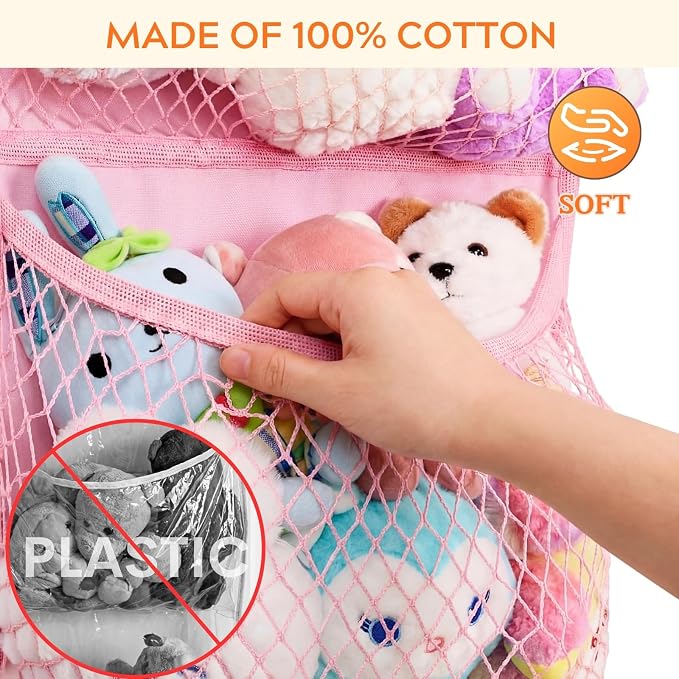 Over The Door Stuffed Animal Storage, Cotton Toy Organizer for Storage Plush Toys,Baby Supplies, Stuffed Animal Holder with 4 Large Pockets, Hanging Door Organizer for Nursery, Bedroom (Pink)