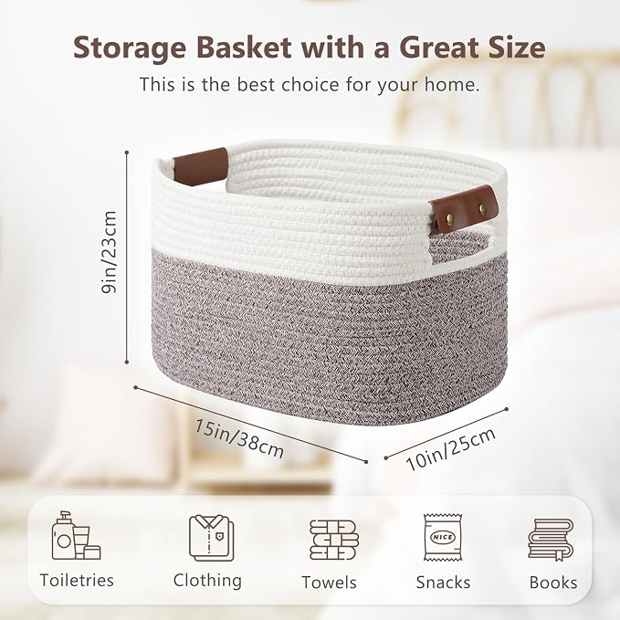 ECDYQXVU 15x10x9 Woven Cotton Rope Storage Basket, Leather Handles 1 Pack | Foldable Design, Sturdy PU Handles, Easy to Clean Organizer for Living Room, Closet, Shelves, Bedroom, Laundry, Clothes