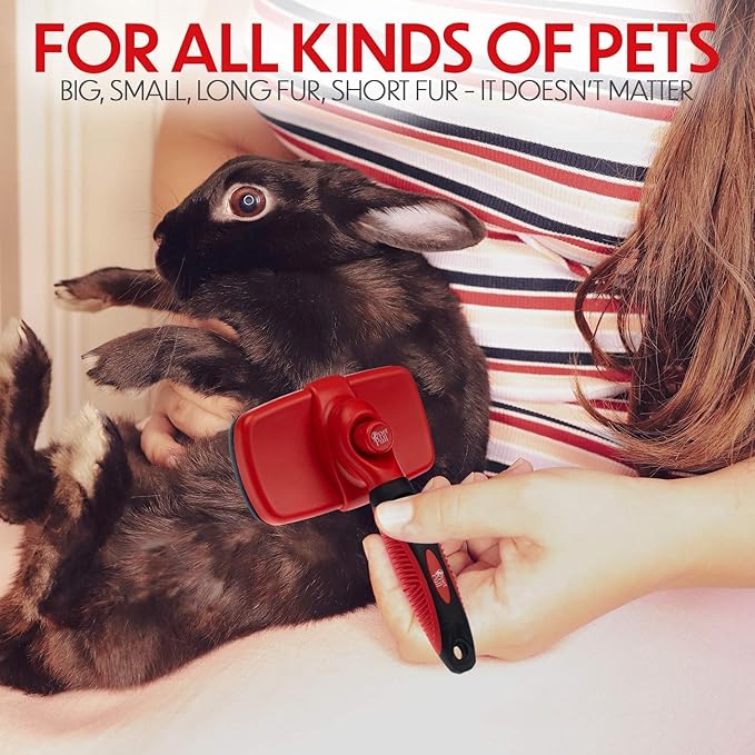 Self Cleaning Slicker Brush for Cat and Dog Coat - Detangler Dog Brush for Shedding & Grooming - Super Easy to Clean Deshedding Grooming Tool Removes Loose Pet Hair, Mats and Tangles (Red)
